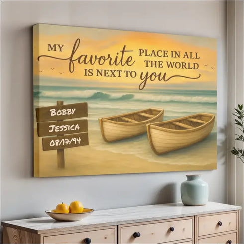Beach-themed canvas print for couples ’My Favorite Place Is Next To You’ display